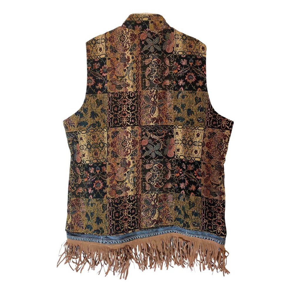 Boho Patchwork Tapestry Vest Womens XL Denim Accents Fringe Hem XL - Picture 2 of 8